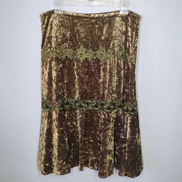 Dorothee Bis Crushed Velvet Regal Midi Skirt Sequins Fairycore Tan Brown Size 12 - Picture 1 of 14